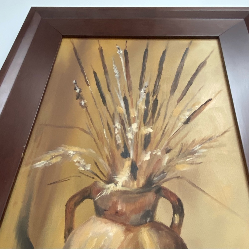 Painting Of Vase Urn With Wheat Grass Cattails Browns Neutral Framed Signed - Picture 5 of 9